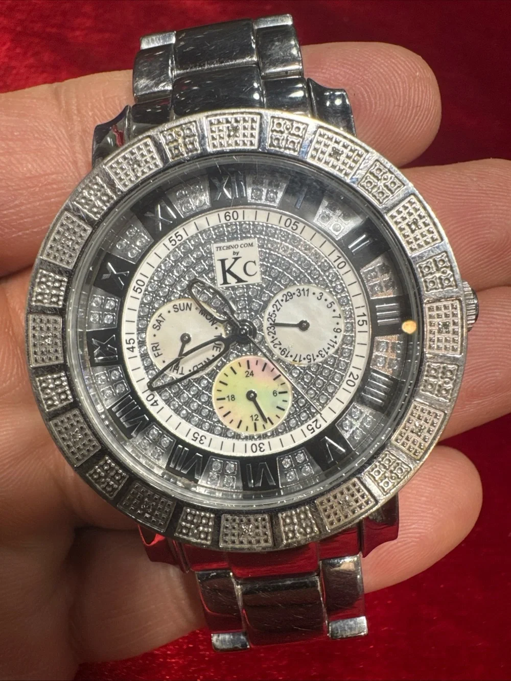 KC Men’s Genuine Diamond Watch Stainless Steel Iced Out Working Pre-Owned